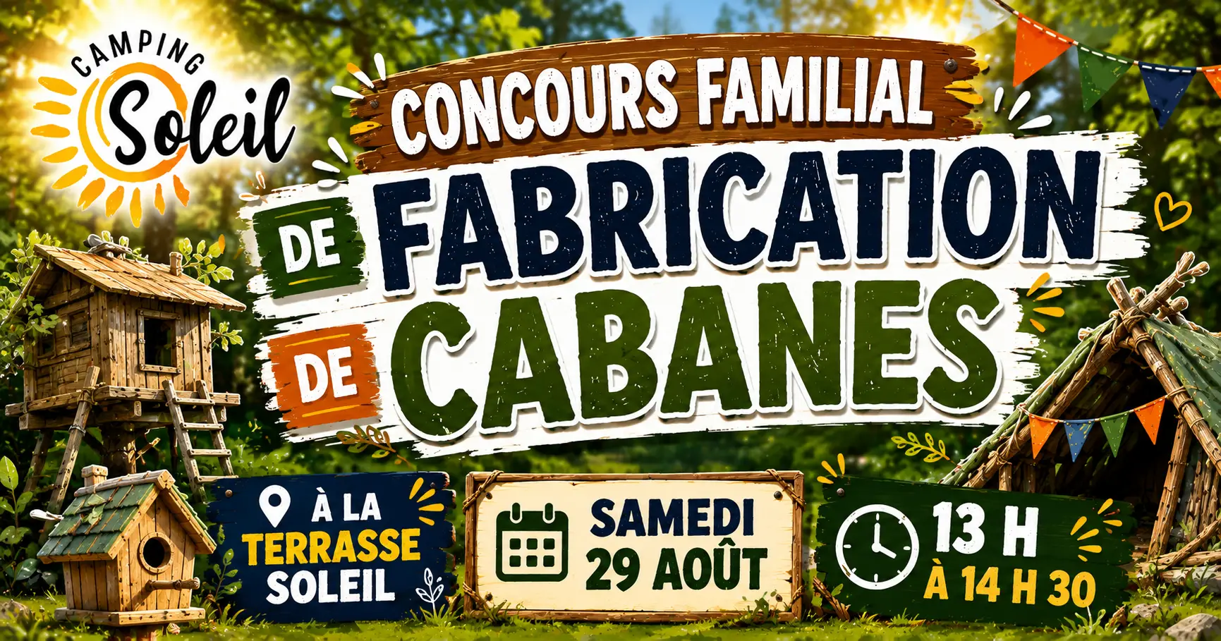 ÉVÉNEMENTS FACEBOOK + SITE WEB Concours de fabrication de cabanes Camping Soleil - Kinnear's Mills - Chaudière-Appalaches - Concours familial de fabrication de cabanes - prix aux gagnants - activité gratuite
