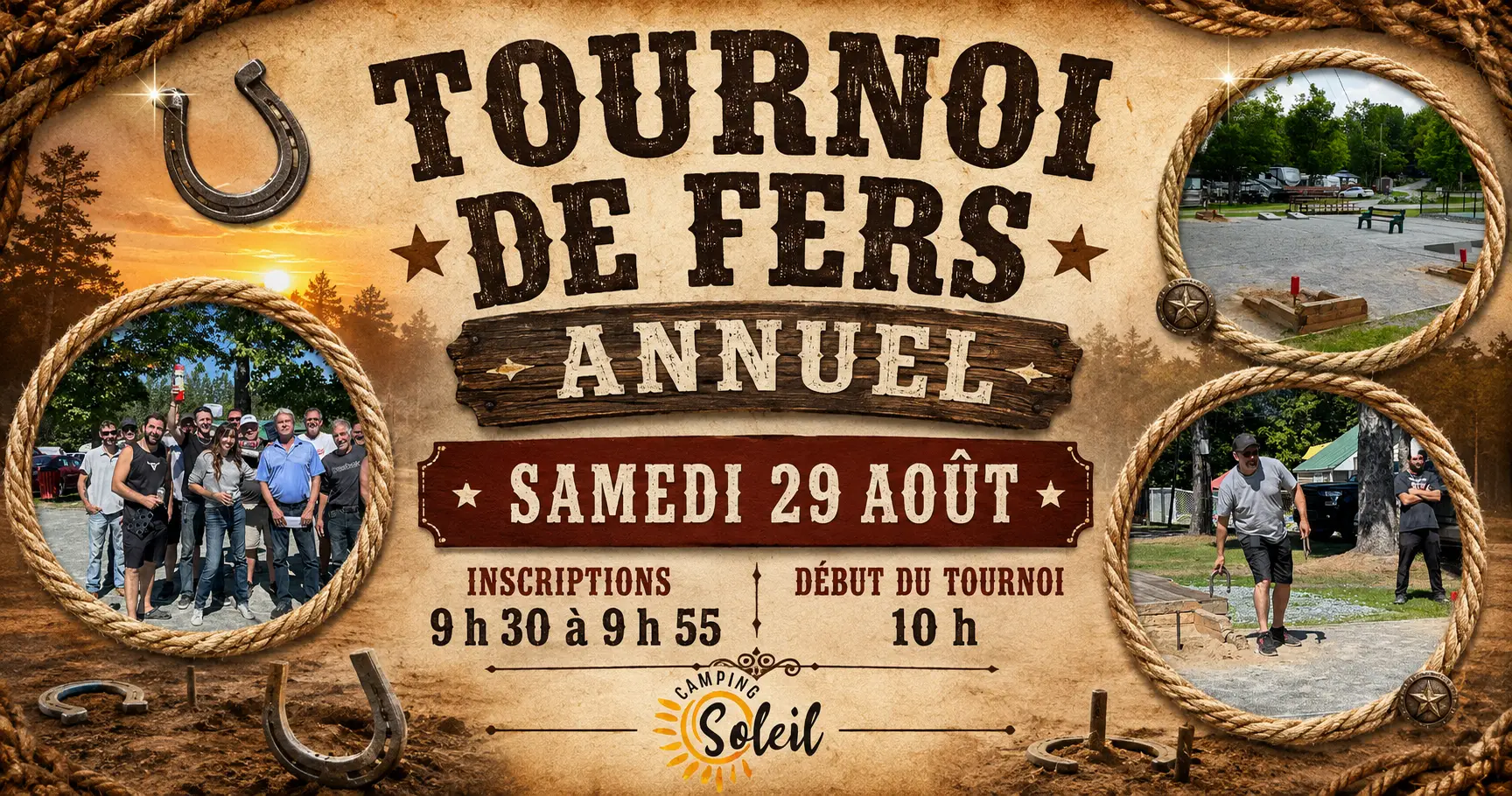 ÉVÉNEMENTS FACEBOOK + SITE WEB Tournoi de fer annuel Camping Soleil - Kinnear's Mills - Chaudière-Appalaches - Tournoi de fers annuel - voyageurs et saisonniers - prix de participation et aux gagnants