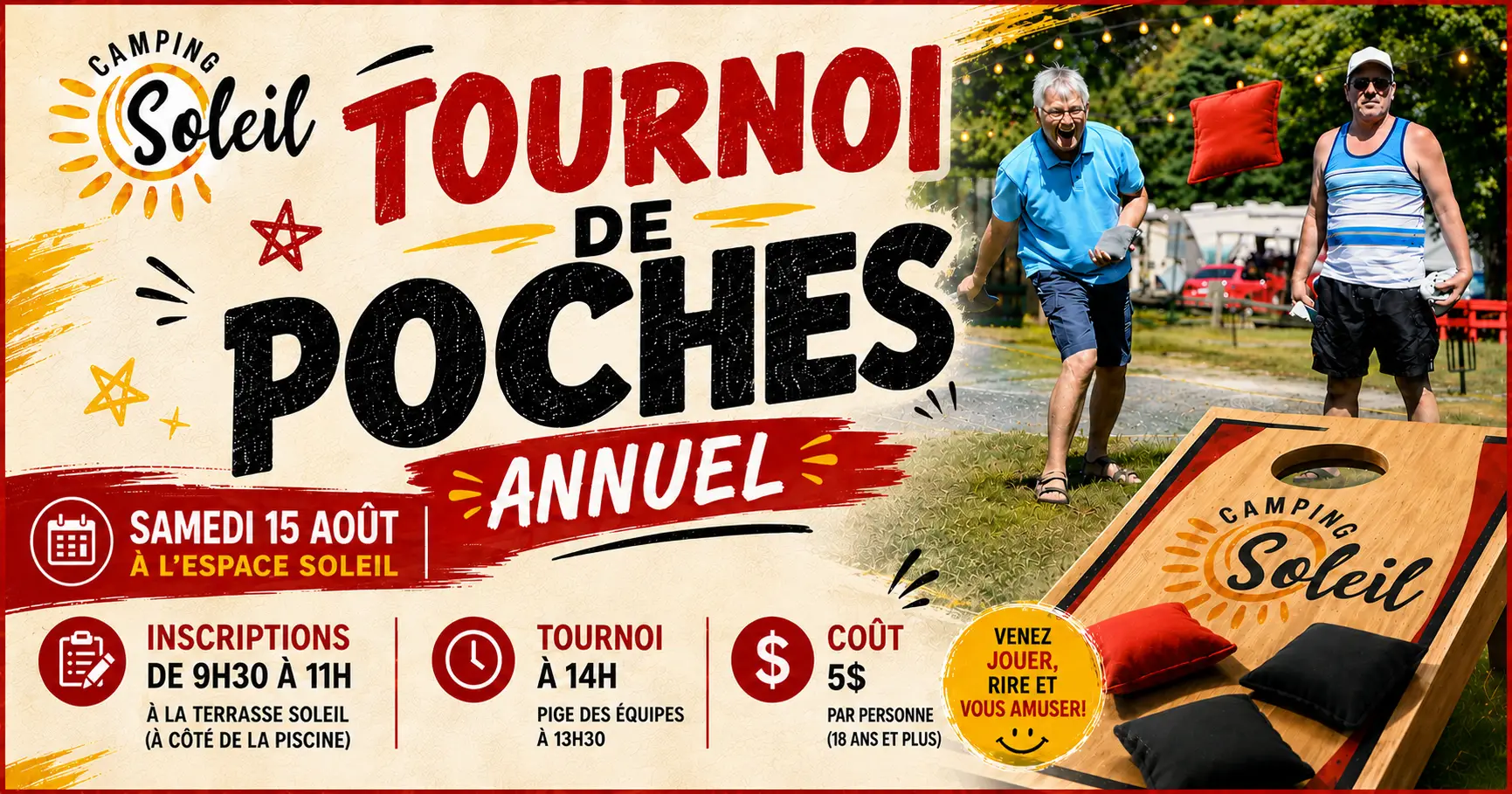 ÉVÉNEMENTS FACEBOOK + SITE WEB Tournoi de poches Camping Soleil - Kinnear's Mills - Chaudières-Appalaches - Tournoi de poches annuel - Prix - voyageurs et saisonniers sont les bienvenus.